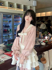 Pydshop Fashion Sweet Sailor Collar Bow Long Sleeve Tops Women+ Y2k E-Girl High Waist Ruffles A-line Skirts Summer New Two Piece Sets