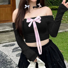 Pydshop 2024 Fashion Woman tops y2k style Sweet Off Shoulder Bow Crop Top