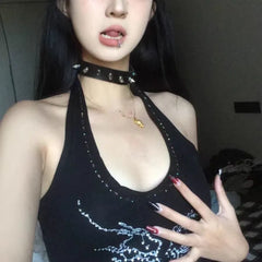 Pydshop Butterfly Diamond Halter Neck Strap for Women Fashion Street Hot Girl Vest American Retro Y2k Slimming Short Top Crop Tops