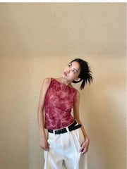 Pydshop 2024 Summer New Print Pink Vest Fot Women Sexy Slim Fit Hollow Out Tank Top Y2k E-Girl O-neck Sleeveless Camisole Tops