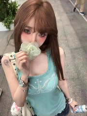 Pydshop 2024 New Mesh Patchwork Tank Top Summer Sleeveless Tops Mujer Y2k E-Girl Slim Fit Diamond White Vest for Women