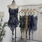 Pydshop Sexy Hot Girl Mesh Printed Camisole Slim Fit Irregular Ribbon Ruffled Sleeveless Top Ruffled Vest Party Essential Club Streewear