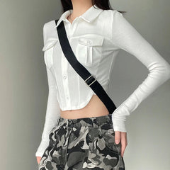 Pydshop 2024 Fashion Woman tops y2k style White Knit Ribbed Pockets Crop Blouses