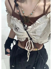 Pydshop Sweet Cool Short Sleeve Drawstring Ruched Tops Y2k American Halter Camisole Vest Women 2024 Summer 2 Piece Sets Graphic T Shirts