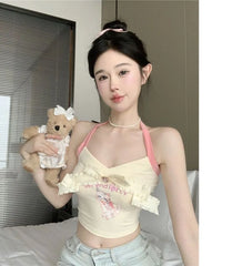 Pydshop Fashion Sweet Cute Cat Print Bow Tank Top Y2k Grunge Slim Fit Halter Sleeveless Tops Mujer 2024 Summer New Vest for Women