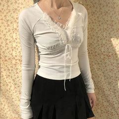 Pydshop 2024 Fashion Woman tops y2k style White Faux Fur Spliced Ruched Lace Top