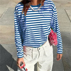 Pydshop Women Y2k Long Sleeve Shirt Top Striped O Neck Drop Shoulder Tunic Tops Fall 2024 Tee Shirts Vintage Clothing