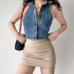 Pydshop Spring Outfit 2024 New Retro Sexy Style Tight-fitting Thin Casual Denim Vest Women's Solid Color Lapel Short Tank Top0505