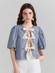 Pydshop Y2k Women Short Puff Sleeve Shirts Striped Bow Tie Front Open Crop Tops Ruffle Cute Teen Girl Lace Up Blouse