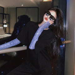 Pydshop Fashion Moon See Through Mesh Bottoming T-shirts 2024 Summer Sexy Slim Fit Tops Women Y2k Grunge Long Sleeve Black Tee Shirt