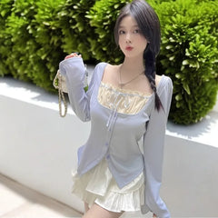 Pydshop Oversize Fake Two Piece Patchwork T-shirts Y2k Square Collar Slim Fit Tops Women 2024 Spring New Long Sleeve Blusas Mujer