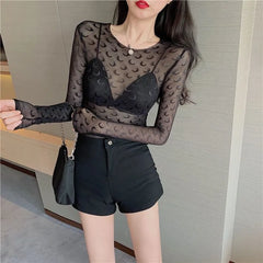 Pydshop Fashion Moon See Through Mesh Bottoming T-shirts 2024 Summer Sexy Slim Fit Tops Women Y2k Grunge Long Sleeve Black Tee Shirt