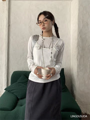 Pydshop Fashion Simple Fake Two Piece T-shirts Vintage Sweet Rose O-neck White Tops Women Y2k Grunge Slim Fit Long Sleeve Tee Shirt