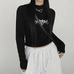 Pydshop 2024 Fashion Woman tops y2k style Gothic Dark Print Skinny Turtleneck Cropped Top