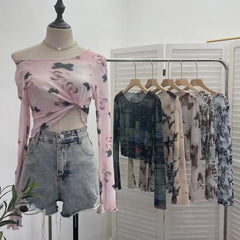 Pydshop Women's Vintage Tie Dye Print Long Sleeve T-Shirt Hot Girl Sexy See Through Mesh Bottoming Short Crop Top 2612 Party Essential