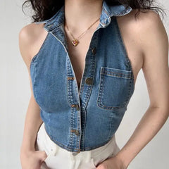 Pydshop Spring Outfit 2024 New Retro Sexy Style Tight-fitting Thin Casual Denim Vest Women's Solid Color Lapel Short Tank Top0505