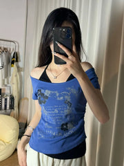 Pydshop Vintage Fake Two Piece Tops Mujer 2024 Summer New Blue Print Halter T-shirt for Women Y2k Slim Fit Short Sleeve Tee Shirt