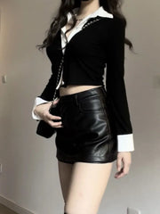 Pydshop Simple Fake Two Piece Lapel Neck Long Sleeve Tops Women+ Y2k High Waist Pu Black Leather Skirts 2024 Spring New Sets