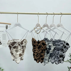 Pydshop Women Retro Tie Dye Printed Spaghetti Strap Camisole Sexy Mesh Pleated Short Tube Top With Breast Pads Sleeveless Casual Y2K Top