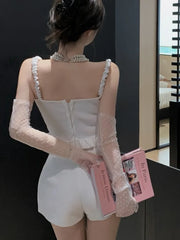 Pydshop Hotsweet Small Fragrant Two Piece Set Women Pearl Beading Sexy Sling Crop Top + High Waist Short Sets Summer 2 Piece Pant Sets