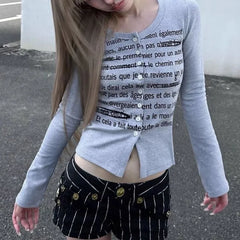 Pydshop American Retro Letter Print Thin Cardigan Y2k E-Girl O-neck Single Breasted Tops Women 2024 New Long Sleeve Gray Sweaters