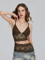 Pydshop Women Y2K Floral Lace Cami Top Spaghetti Strap Camisoles V Neck Backless Cami Crop Tops Sexy Cutout Mesh Sheer Tops Clubwear