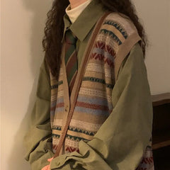 Pydshop Autumn Vintage Lazy V-neck Sweater Vest Korean Fashion Loose Knitted Cardigan Y2k E-Girl Slim Fit Sleeveless Tops Women