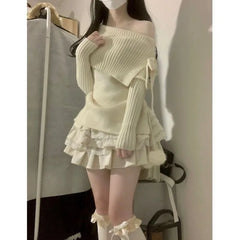 Pydshop Spring Autumn New Slash Neck Slim Fit Knitted Tops Women+ Y2k High Waist Lace Ruched Cake Skirts All-match Two Piece Sets