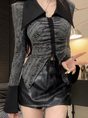 Pydshop American Irregular Slim Fit Split Tops Mujer Early Autumn New Long Sleeve T-shirt for Women Y2k Lapel Neck Drawstring Tee Shirt