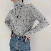 Pydshop Retro Floral Autumn Winter Basic Shirt Turtleneck T-shirt Long Sleeved Slim Top for Women Vintage Casual Tee Tops Elasticity