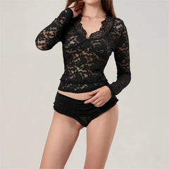 Pydshop Women Y2k Lace Long Sleeve Crop Top Sexy V Neck Floral Sheer Mesh Top Cute See Through Blouse Night Clubwear