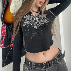 Pydshop Gothic Black Autumn T-shirts Women Lolita Sexy V-Neck Streetwear Print Long Sleeve Crop Top Bodycon Y2K Fashion Casual Tops New