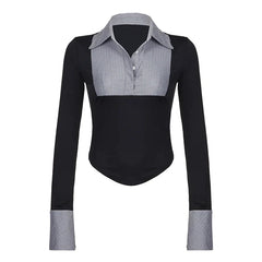 Pydshop 2024 Fashion Woman tops y2k style Stripe Patchwork Long Sleeve Pullover Buttons Top