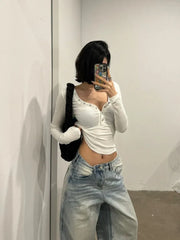 Pydshop American Fashion V-neck White Knitted T-shirts 2024 Summe New Bottoming Tops Y2k E-Girl Slim Fit Long Sleeve Tee Shirt