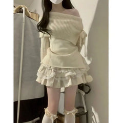 Pydshop Spring Autumn New Slash Neck Slim Fit Knitted Tops Women+ Y2k High Waist Lace Ruched Cake Skirts All-match Two Piece Sets