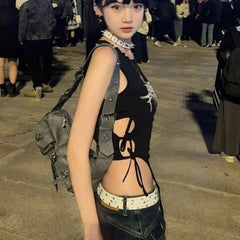 Pydshop American Punk Black Web Print Camisole Vests Summer New Slim Fit Lace Up T-shirts Y2k E-Girl Sleeveless Bottoming Tops Women