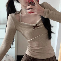 Pydshop American Retro Lace Halter T-shirt for Women Early Autumn New Bottoming Tops Mujer Y2k E-Girl Slim Fit Long Sleeve Tee Shirt