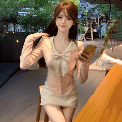 Pydshop Fashion Sweet Bow Slim Fit Long Sleeve Tops Women+ Y2k High Waist Lace Bodycon Skirts 2024 Autumn New Two Piece Sets