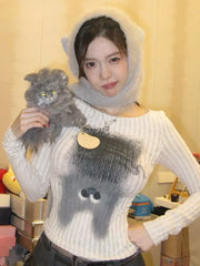 Pydshop Kawaii Graphic T Shirts Women Korean Style Cute Cat Print Crop Tops Kpop Casual Vertical Pit Stripe Long Sleeve Tees