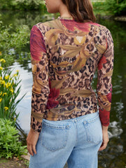 Pydshop Y2K Vintage Mesh Long Sleeve T-shirt Floral Printed Women's Clothing Crew Slim Top Blouses Harajuku 2025 Fall Spring Street Tee