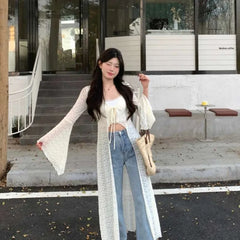 Pydshop 2024 Summer New Lace Oversized Cardigan Y2k E-Girl V-neck Up All-match Shirts Mujer Mid-length Long Sleeve Tops Women