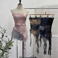 Pydshop Women's Tie Dye Ruffled Ribbon Mesh Tube Top Irregular Mesh Sleeveless Tube Top Sexy Backless Vest Party Leisure Essential Y2K