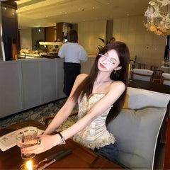 Pydshop Aesthetic Sleeveless Crop Top Sequined Patchwork Harajuku Women Contrast Ruffle Tops Grunge Tanks Hollow Out Fairy Camisoles