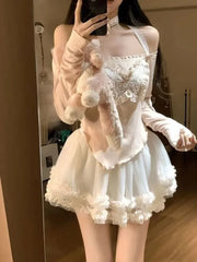 Pydshop Sweet Butterfly Off Shoulder Long Sleeve Tops Women+ High Waist Ruched Fungus Cake Skirts 2024 Summer New Two Piece Sets