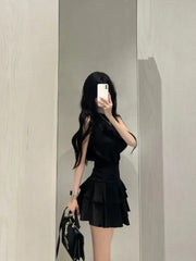 Pydshop Fashion Off Shoulder Sleeveless Halter Black Tops Women+ Y2k E-Girl High Waist Ruched Skirts 2024 Summer New Two Piece Sets