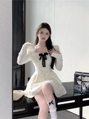 Pydshop Korean Sweet Lace Square Collar Bow Puff Sleeve Tops Women+ Y2k E-Girl Slim Waist A-line Skirts Spring New Two Piece Sets