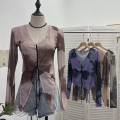 Pydshop Retro Hot Girl Tie Dye Printed Long Sleeve Shirt V-neck Lace Up Irregular Shoulder Pads T-shirt Short Top Casual Streetwear 2622