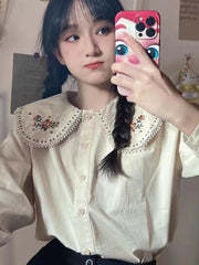 Pydshop Kawaii Shirt Women Floral Embroidery Peter Pan Collar Long Sleeve Blouse Japan Elegant Fashion Design Harajuku New Tops