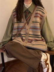 Pydshop Autumn Vintage Lazy V-neck Sweater Vest Korean Fashion Loose Knitted Cardigan Y2k E-Girl Slim Fit Sleeveless Tops Women