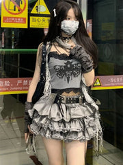 Pydshop Fashion Sweet Lace Slim Fit Camisole Tops Women+ Y2k Kpop High Waist Ruched Cake Skirts 2024 Summer New Two Piece Sets